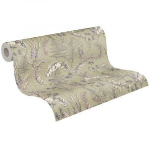 Papier peint nature vert kaki, orange, et mauve Tapisserie florale id&eacute;ale pour chambre et salon Papier peint feuillage style tropical