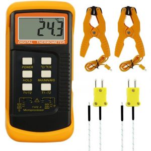 Thermomètre à thermocouple de type K (-501300°C), thermomètre numérique à deux canaux avec 2 pinces de température et 2 sondes de thermocouple