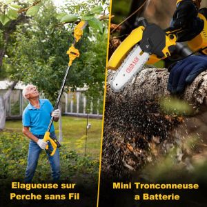 INNOPOWER 2-EN-1 Elagueuse sur Perche sans Fil & Mini Tronconneuse Electrique a Batterie 6 Pouces Manche T&eacute;lescopique T&ecirc;te Inclinable avec 2