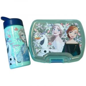 Set Repas Enfant Reine des neiges avec Bo&icirc;te &agrave; Gouter et Gourde 420ml Plastique vert clair pour Ecole et Sorties