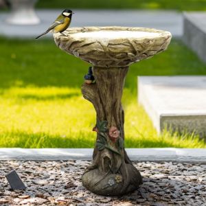Fontaine de jardin 45x45x65 cm, fontaine en béton aspect bois, avec imitation d'oiseaux décoratifs, fontaine et cascade, pour jardins et terrasses