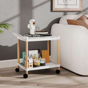 Chariot &agrave; Roulettes 2 Niveaux Chariot de Service avec Roues Verrouillables et Cadre en Bois de H&ecirc;tre Chariot de Rangement Blanc