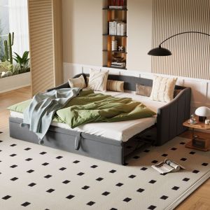 Lit gigogne 90/180x200 cm, avec sommier &agrave; lattes, tissu velours, canap&eacute; lit multifonction escamotable, adapt&eacute; pour salon, chambre - Gris