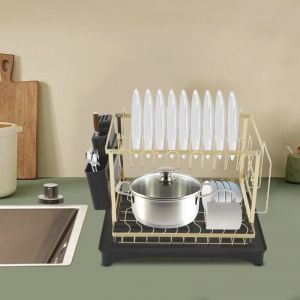 &Eacute;gouttoir &agrave; vaisselle &agrave; 2 &eacute;tages en acier au carbone avec porte-ustensiles et bac d'&eacute;gouttement pour comptoir de cuisine (noir + dor&eacute;)