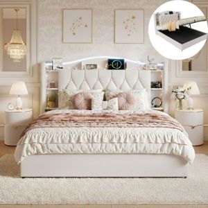 Lit Coffre 160x190 cm, Lit Double 160x190 cm en Velours, avec Sommier &agrave; Lattes, T&ecirc;te de Lit LED Lumineuse, Rangement Ouvert, Ports USB et Type-C