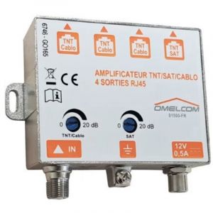 Amplificateur tnt/ satellite 4 sorties RJ45 1 entrée type f 5-2400MHz alim 12VDC 500mA omelcom 0-1500-FR