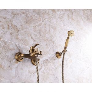 Robinet de baignoire et douche avec Douchette Robinet de Bain en laiton r&eacute;tro 2 trous 2 poign&eacute;es, Montage Mural Mitigeur de Douche, or