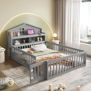 Hauss Spole - Lit enfant adulte en bois 140×200cm, 2 étagères, avec planche à dessin, barrière de sécurité, sans matelas, gris