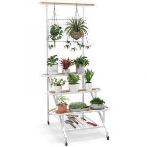 Helloshop26 - Support étagère pour plantes sur roulettes en métal treillis barre de suspension étagères à lattes salon jardin balcon blanc