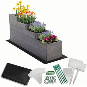 MODO24 Carr&eacute; potager sur&eacute;lev&eacute; en bois, 4 niveaux en cascade, 54x30x120 cm, jardin/terrasse, kit jardinier inclus, gris impr&eacute;gn&eacute;