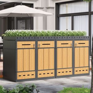 Cache-poubelles 4 places en acier avec toit jardini&egrave;re, Armoire pour poubelles 120-240 L, Abri poubelle ext&eacute;rieur effet bois et gris, Coffre de