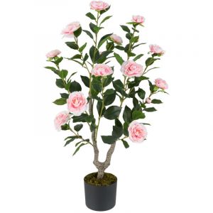 Costway - Arbre de Camélia Artificiel de 90 cm, Plante à Fleurs Artificielles dans un Pot de Pépinière, Faux Arbre en Pot, Plante Florale Verte, Rose