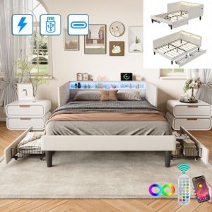Lit double 140x200 cm avec 2 tiroirs, t&ecirc;te de lit LED et rangements, chargement USB + Type-C, base &agrave; lattes, tissu velours, lit avec tiroirs - Beige