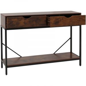Console industrielle table d&rsquo;appoint avec 2 tiroirs et &eacute;tag&egrave;re 109 x 30 cm en MDF m&eacute;lamin&eacute; rouge brun et m&eacute;tal noir 040009106