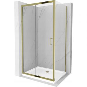 Mexen - Apia cabine de douche coulissante 110 x 80 cm, transparent, dor&eacute;e + receveur Flat, blanc - 840-110-080-50-00-4010G
