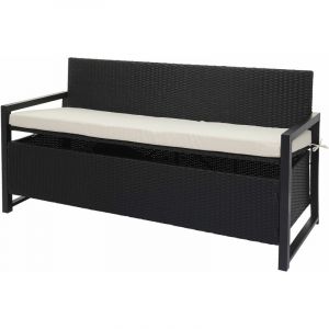 Jamais utilisé] Banc 3 places en poly rotin HHG-596, banc de jardin banc coffre, anthracite, coussin crème