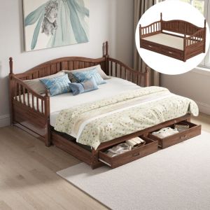 Lit gigogne 90x190/180x190 cm, canap&eacute; lit 2 places avec dossier et accoudoirs incurv&eacute;s, 2 tiroirs de rangement et sommier &agrave; lattes, lit multifonction