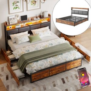 Dans Les Nuages &ndash; Lit 140x200 cm avec 4 tiroirs &ndash; &Eacute;clairage LED ajustable &ndash; T&ecirc;te de lit capitonn&eacute;e en simili cuir &ndash; Cadre m&eacute;tal et bois &ndash; Noir