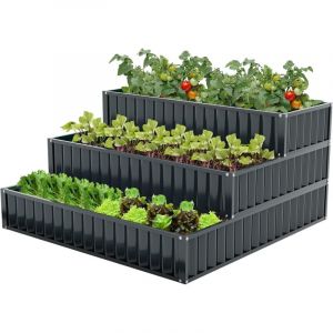 Goplus - Jardini&egrave;re &agrave; 3 Niveaux en Escalier en M&eacute;tal, Lit de Jardin Sur&eacute;l&eacute;ve avec Base Ouverte pour Plantes &agrave; Racines Profondes, L&eacute;gumes, Fleurs,