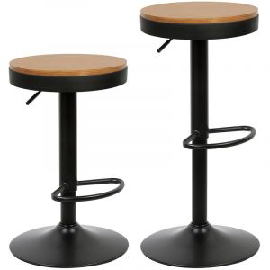 Lot de 2 Tabouret de Bar Rotative - Tabouret Haut R&eacute;glable, en Bois et M&eacute;tal - Si&egrave;ge de Bar Vintage avec Repos-Pieds noir
