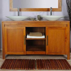 Saniteck - Ensemble meuble vasque salle de bain en bois teck naturel exotique 140 cm avec miroir Taille - Meuble+miroir+ vasques