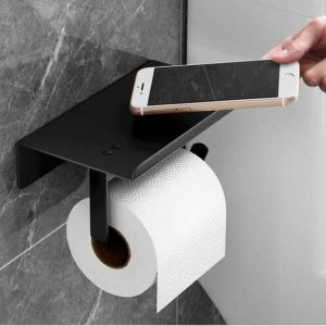Distributeur papier toilette noir inox, support sans per&ccedil;age 18x10x7 cm avec porte t&eacute;l&eacute;phone salle de bain
