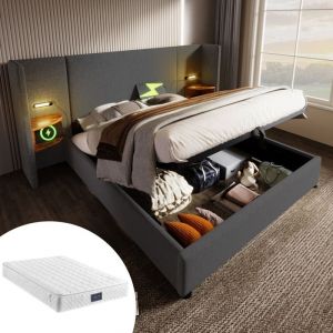 Lit double 160x200 coffre avec table de chevet int&eacute;gr&eacute;e, lampe et USB-C, sommier bois/m&eacute;tal, lin gris (avec matelas)