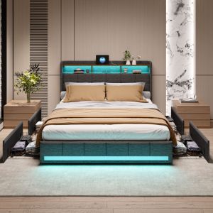 Lit double 160x200 cm, avec LED et 4 tiroirs, cadre de lit, lit adulte avec port USB, 4 tiroirs en fer, avec tete de lit, Gris, lin