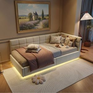 Lit Simple Coffre 90x200 cm de couleur crème - Banquette-Lit avec Rangement Hydraulique - Tête de Lit d'Angle - Éclairage LED RGB et Ports USB/Type-C