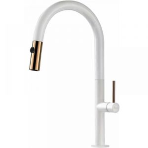 PHASAT Robinet Mitigeur Cuisine avec Douchette 2 Jets Pivotant &agrave; 360&deg; Robinet Mitigeur &eacute;vier Coul&eacute;e en Laiton de Haute Qualit&eacute; M&eacute;langeur Cuisine Blanc