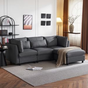 Canapé d'angle en l, canapé 3 places +1 repose, canapé de salon, design moderne, 220x83x65cm, Lin, gris