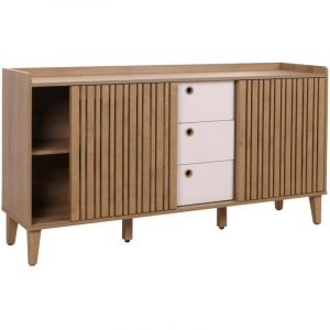 HHG - Sideboard 417, commode, porte coulissante compartiment de rangement, mdf 81x150x40cm, naturel, tiroirs blancs