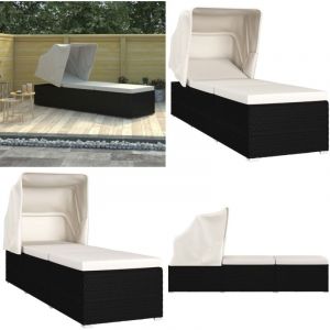 Vidaxl - Chaise longue avec auvent et coussin Résine tressée Blanc crème - Chaise Longue - Transat - Bain De Soleil - Mobilier De Jardin - Résine