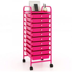 Tour de Rangement, Desserte &agrave; Roulettes avec 10 Tiroirs, Chariot de Rangement Stable Solide, 4 Roulettes Universelles avec Freins,Rose fonc&eacute;