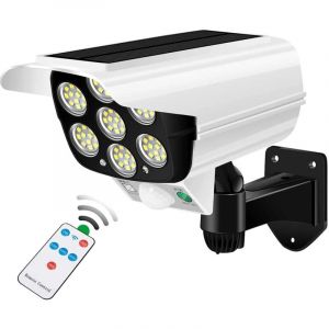 Projecteur solaire extérieur à détecteur de mouvement 2000 lumens 77 LED avec télécommande, étanche IP66, leurre sans fil factice de caméra de