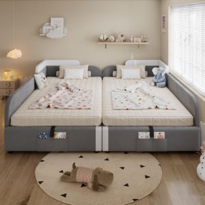 Lit enfant coffre 90x200cm, 2 pi&egrave;ces, hydraulique, avec poches lat&eacute;rales, sommier &agrave; lattes, velours, sans matelas, gris