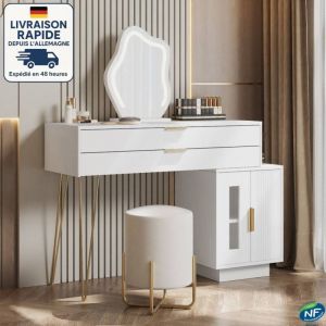 Coiffeuse blanche avec miroir LED, 3 modes d'éclairage, 2 tiroirs + 1 meuble de rangement, coiffeuse de chambre, tabouret non inclus