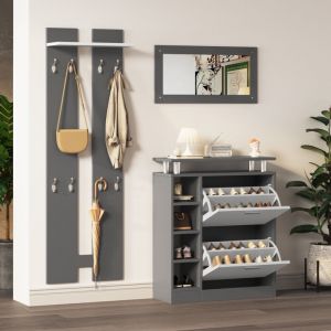 Okwish - Ensemble porte-manteau mural 80 x 25 x 96,5 cm, comprenant miroir, 2 panneaux muraux, une étagère et un meuble à chaussures, corps gris