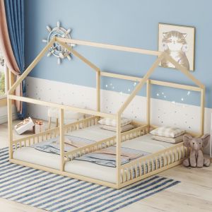 Lit cabane enfant 90x200cm - lit 2 places avec cadre de lit, sommier à lattes, avec garde-corps, modèle maison - lit double, Naturel