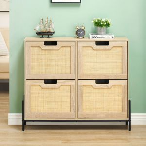 Lunsy - Commode à chaussures avec 4 abattants, armoire à chaussures avec 8 étagères réglables - armoire à chaussures étroite en rotin naturel en