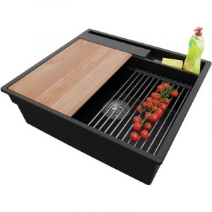 Primagran - Evier Cuisine en Granit 58x53cm, Lavabo 1 bac + Kit de Vidage + Accessoires, Évier à Encastrer au meuble 60cm - Oslo Pocket, Noir