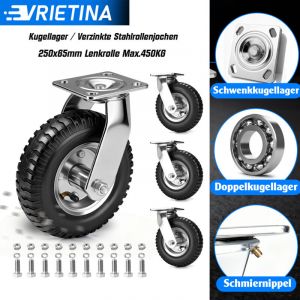 Lot de 4 Roulette Pivotante Gonflable, &Oslash; 250mm 450Kg Max, 360&deg; Roues Pneumatiques, Mod&egrave;le Pivotantes, pour Manutention et Transport