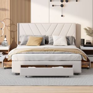 Lit double 160x200 cm avec 3 tiroirs - Bois massif - tissu lin - base &agrave; lattes - cadre m&eacute;tallique - pour adultes et adolescents - Beige