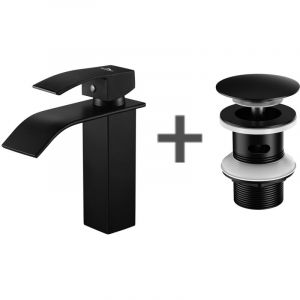 Auralum - Mitigeur Lavabo Cascade Robinet pour Lavabo/Vasque+ Bonde de Lavabo Bonde Pop-up avec Trop-plein Automatique Universelle,Noir