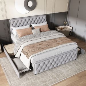 Lit 140x190 cm, lit double adulte avec 4 tiroirs, tête de lit réglable et sommier à lattes en bois, tissu en lin, gris clair, sans matelas
