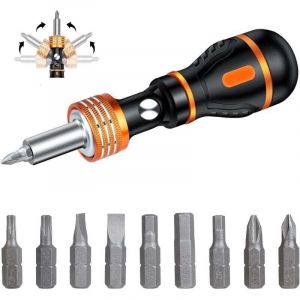Cliquet Tournevis, Tournevis Magn&eacute;tique avec 9 Embouts, Embout Visseuse Angle 180&deg; Rotatable, Mini Tournevis Outils de R&eacute;paration Multifonctions pour