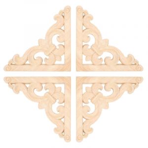4 Pi&egrave;ces Applique Bois Sculpt&eacute; Style Baroque pour Porte Meuble D&eacute;coration Int&eacute;rieure 11x11 cm