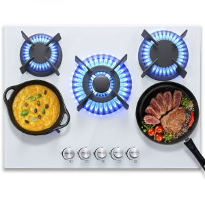 Plaque de Cuisson gaz 5 Feux,70cm avec S&eacute;curit&eacute; Thermocouple,Convient Pour le Gaz Naturel/Propane,Verre Blanc,10400 W