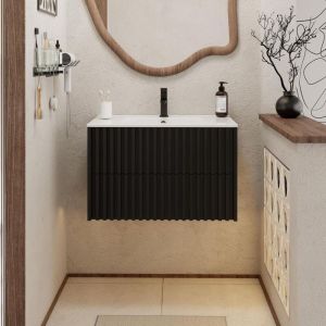 UEV - Meuble Salle de Bain 80cm, Meuble Suspendu avec Lavabo en Céramique, Deux Tiroirs avec Grand Espace de Rangement, Poignée Cachée, Motif de