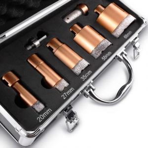 Scie cloche diamant 20/27/35/55/68 mm + fraise à doigts + adaptateur M14-HEX Premium pour meuleuse d'angle pour grès cérame, carrelage, granit, verre
